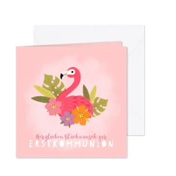 Glückwunschkarte Kommunion Flamingo & Blumen